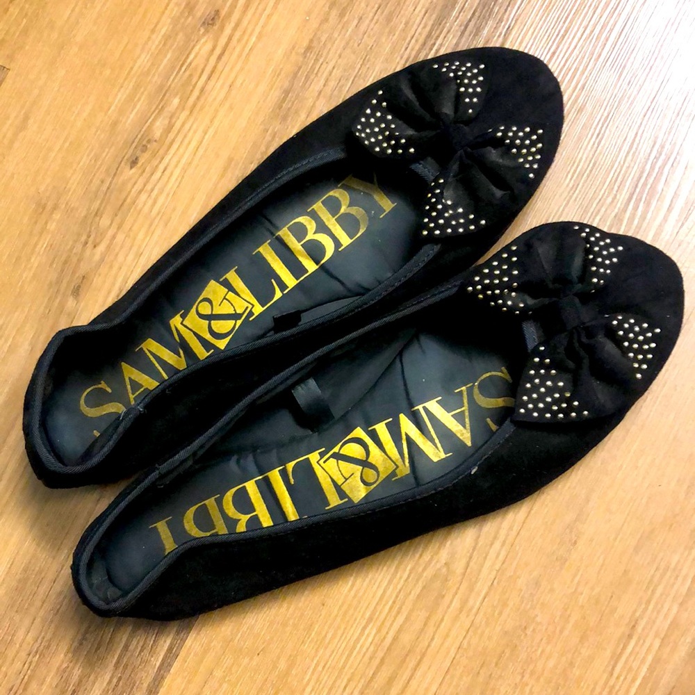 Bow tie flats, black/gold detailing, size 8 1/2